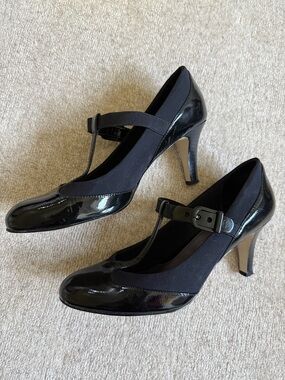 Circa Joan & David Patent Leather & Fabric T-Strap Pumps